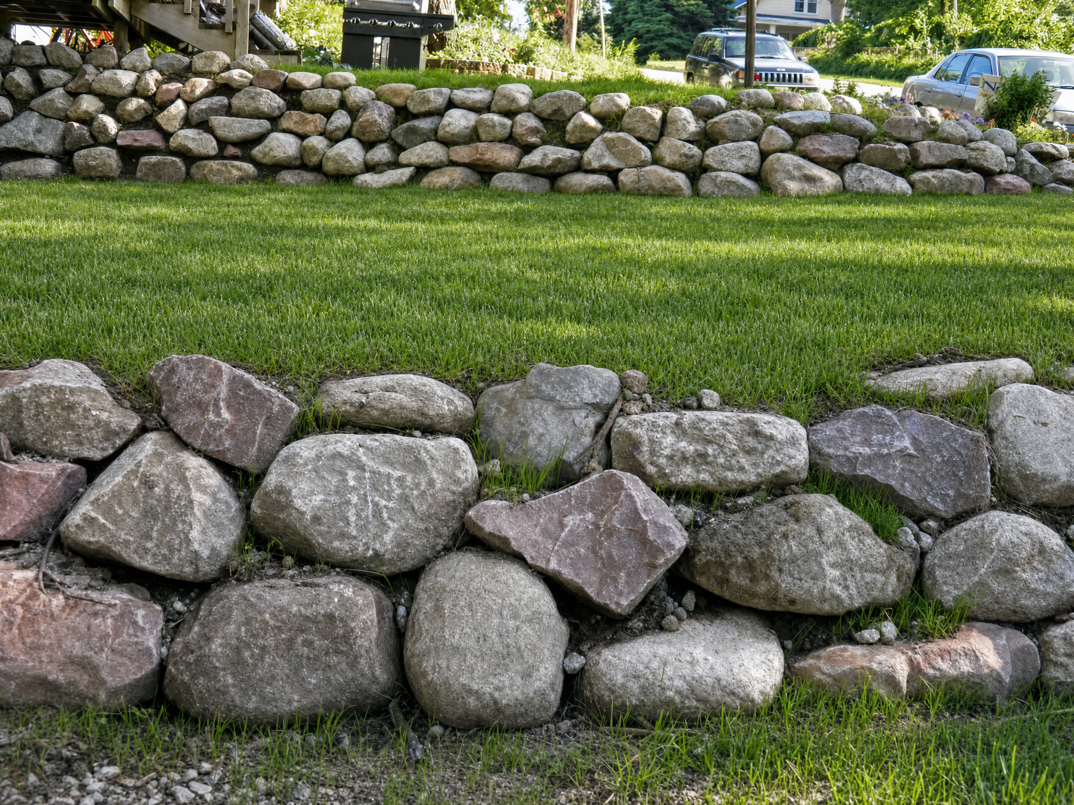 Boulder and natural stone retaining wall in residential backyard